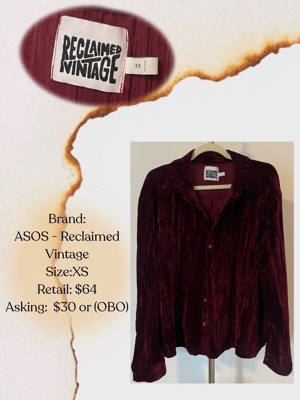 Reclaimed Vintage Velvet Button-Down Shirt - Deep Wine
